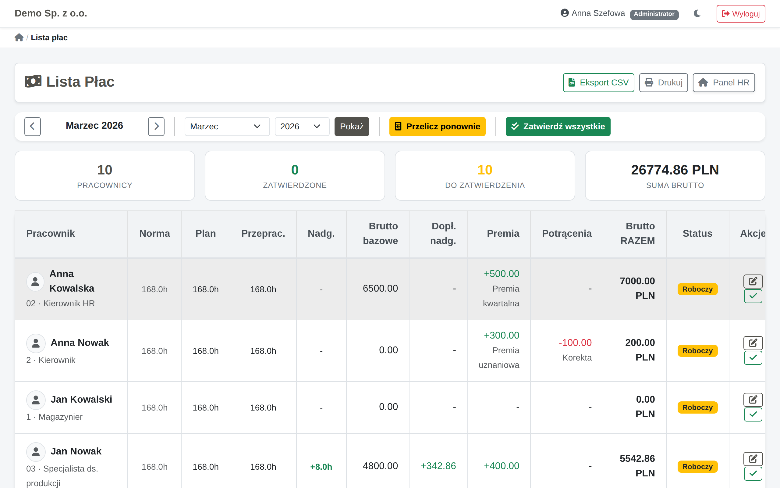 Lista płac z premiami i potrąceniami